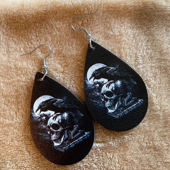 Evermore the raven skeleton crow poe book earrings - Picture 3 of 4
